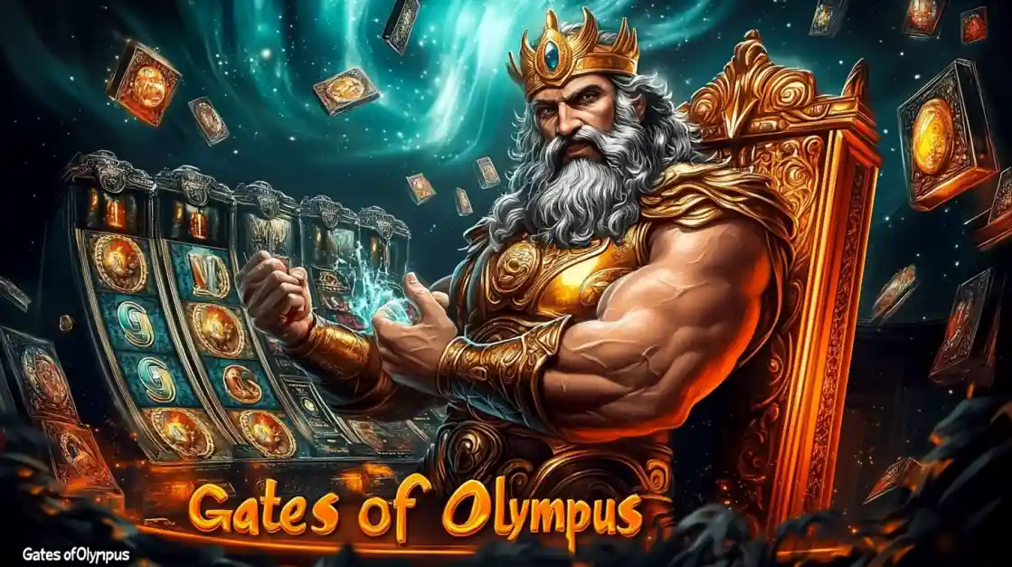 A majestic Zeus figure on a golden throne, surrounded by floating cards and a cv333bet slot machine, with Gates of Olympus prominently displayed, inviting players to a mythical gaming experience.