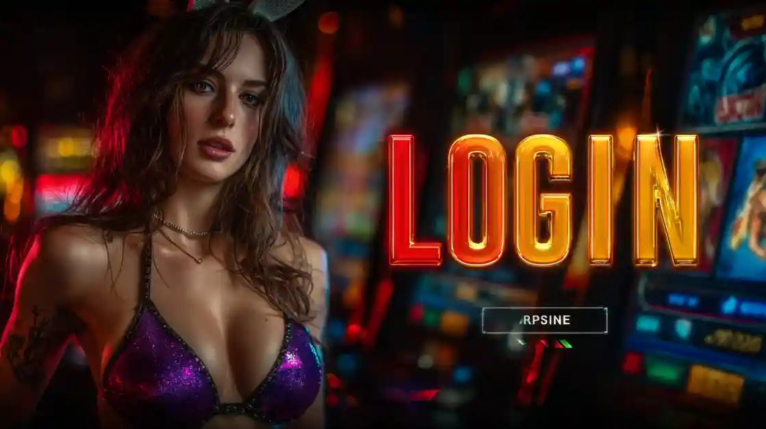 A captivating woman stands beside a LOGIN interface, with cv333bet slot machines softly blurred in the background, inviting users to enter the world of cv333bet.
