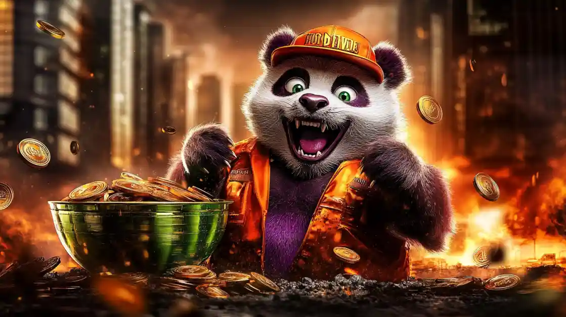 A cheerful panda character surrounded by golden coins, symbolizing wealth and good fortune with cv333bet.