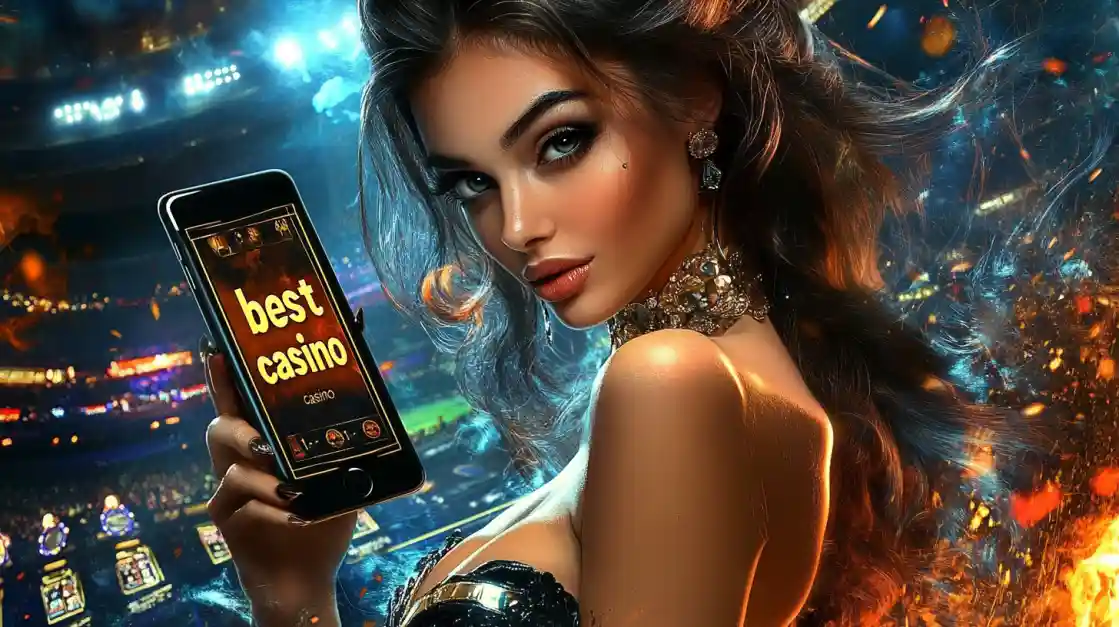 A woman holding a phone showcasing the cv333bet casino app in a vibrant stadium-like setting.