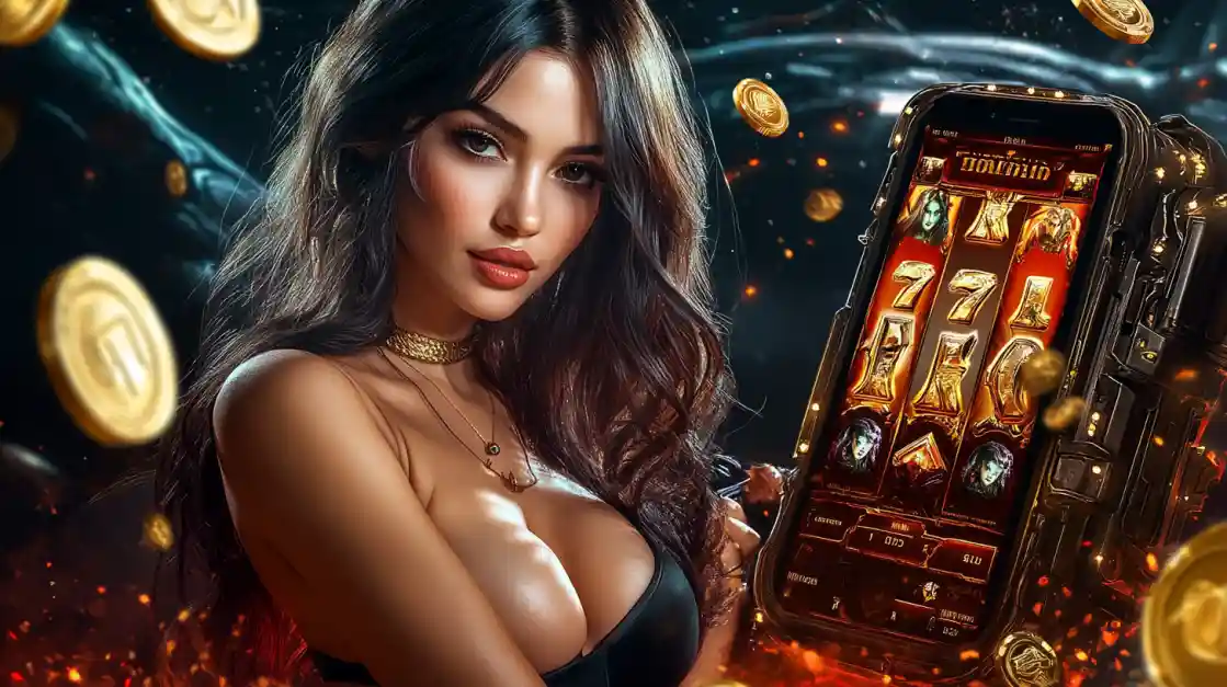 A confident woman holds a smartphone displaying a cv333bet mobile slot game with 777 symbols and golden coins.